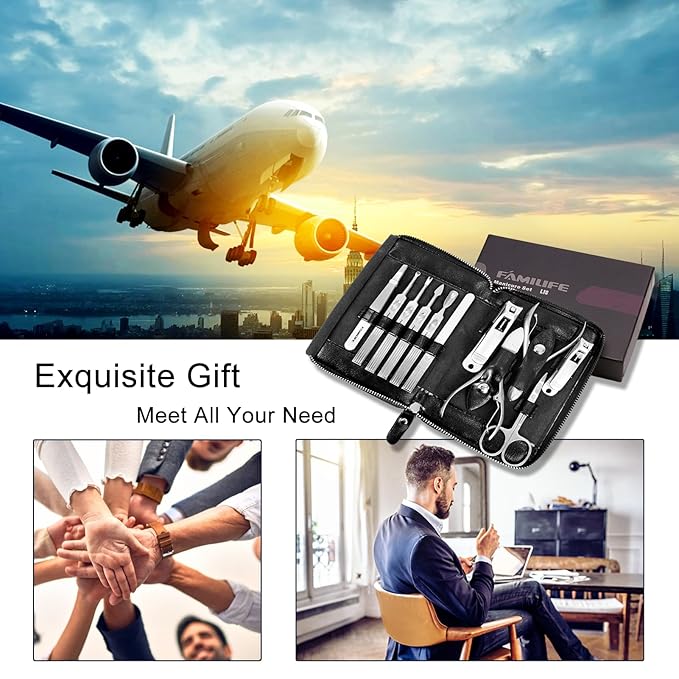 Manicure Kit, FAMILIFE Professional Manicure Set Nail Kit, 11 in 1 Stainless Steel Nail Clippers Set, with Portable Black Leather Travel Case Luxury Gifts for Him