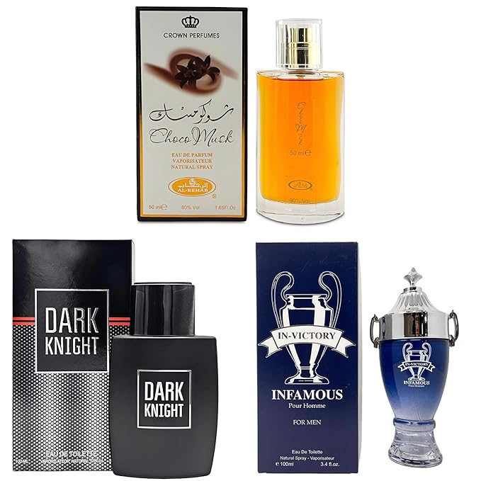 3Pack Men Colognes Choco Musk&Dark Knight&Victory Infamous Eau De Parfume Spray with Woody Floral & Fruity Scent Perfume Gift Set Day to Night Luxury Fragrances
