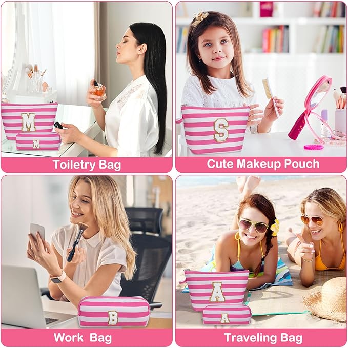 Initial Makeup Bag Personalized Stripe Cosmetic Bag Cute Waterproof Travel Toiletry Bag Birthday Gifts for 10 11 12 13 14 15 16 Years Old Teen Girl Gift Trendy Stuff (Pink M)
