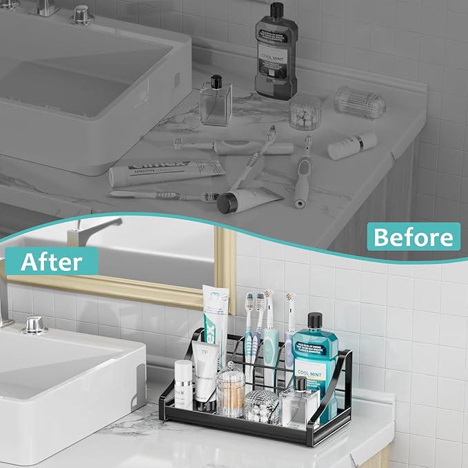 Toothbrush Holder Instant-Dry Organizer - Bathroom Countertop Organizer Kids Electric Toothbrush Toothpaste Holders - 7 Slots Bathroom Sink Accessories Storage Tooth Brush Counter Organization, Black