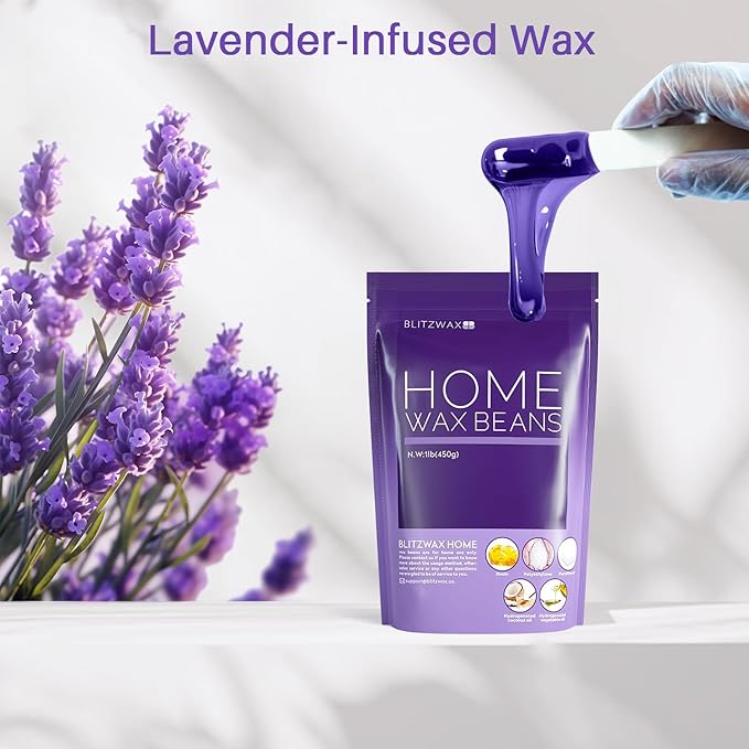 BLITZWAX Lavender Hard Wax Beads for Hair Removal - 1lb Coarse Hair Formula - Painless Wax for Sensitive Skin, Face, Full Body, Bikini - At-Home Waxing Beads for Women Men