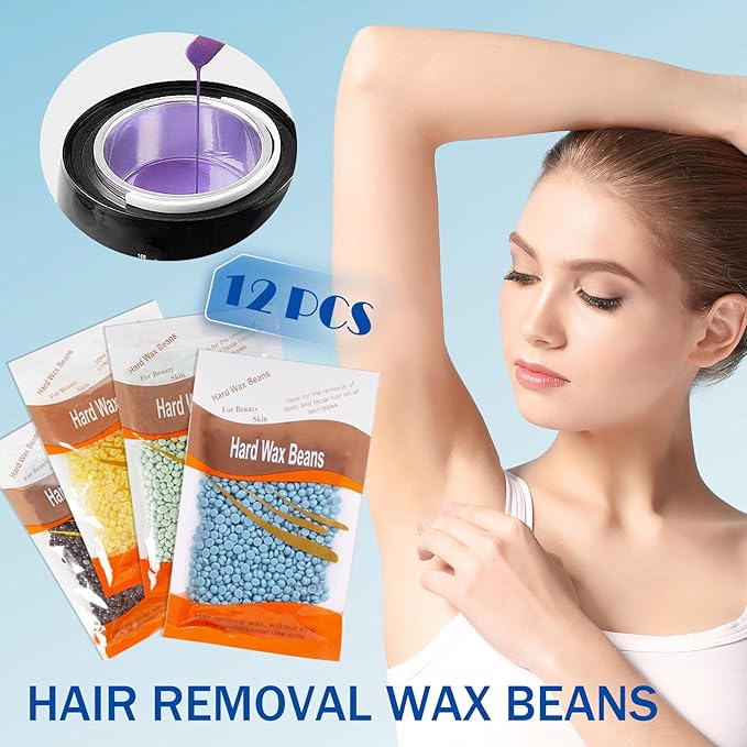 12PCS Hard Wax Beads for Hair Removal,Flawless Waxing Beans for Face,Body,Underarm,Chest,Eyebrow,Legs,Brazilian Bikini,At Home Hard Wax Kit with12 Applicator Sticks