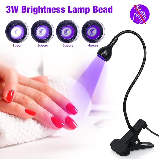 AORAEM UV LED Nail Lamp with UV Protection Gloves, 3W LED Nail Manicure Dryer Curing Light with Gooseneck and Clamp Portable Flash Cure Lamps for Gel Nails Home DIY Professional, Black