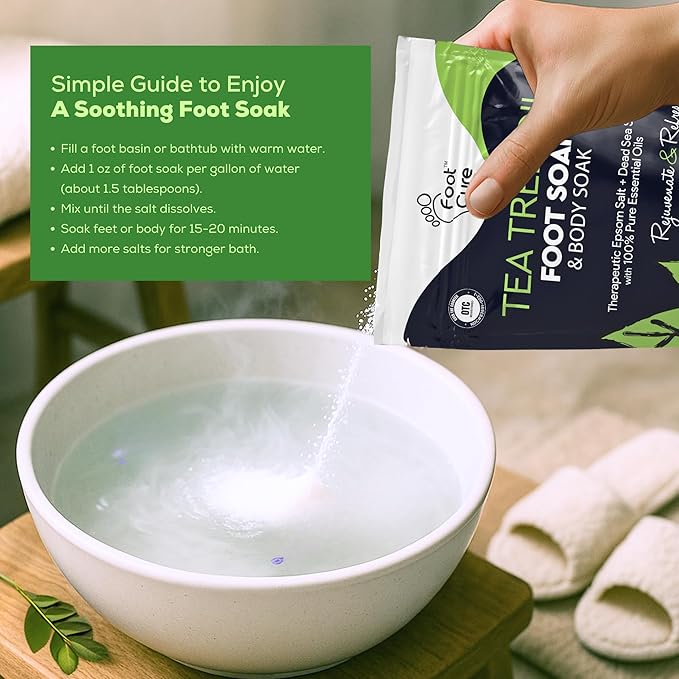 FOOT CURE Tea Tree Oil Foot Soak with Epsom Salts- for Foot Pain, Soreness, Athletes Foot, Odors, Toe Nail Fungus, Fungal, Calluses (Pack of 4)