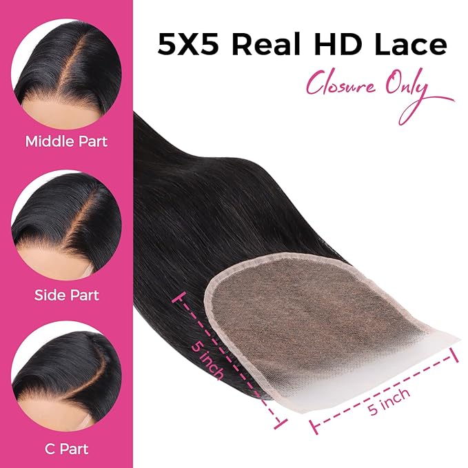 Lashey 5x5 SKINLIKE Real HD Lace Closure Straight, 0.10mm Ultra thin HD Lace Human Hair Closure Pre Bleached Knots Pre Plucked Invisible Hairline 12 Inch Natural Black