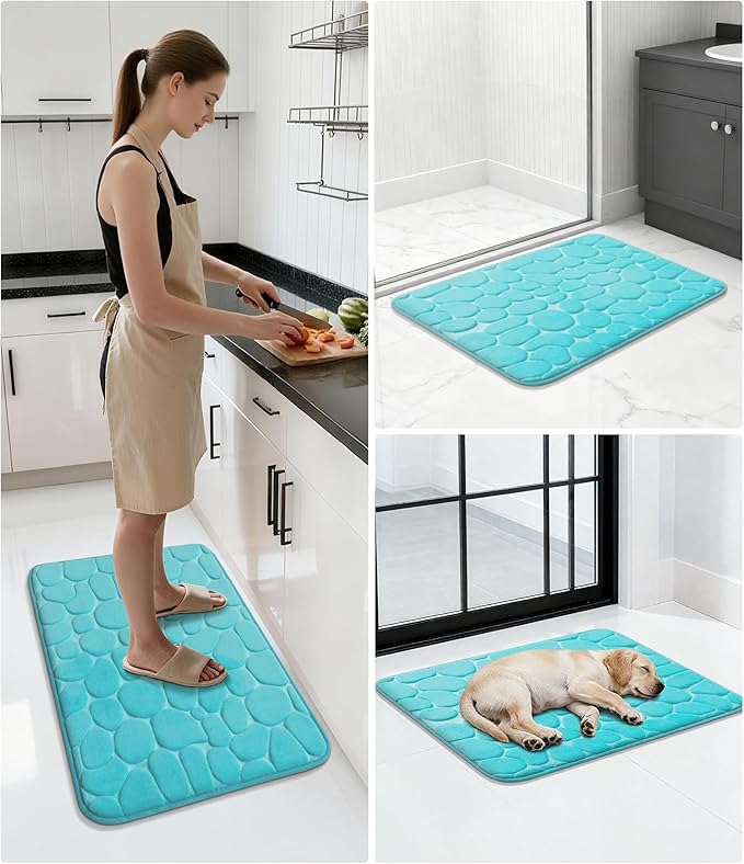 YIHOUSE Memory Foam Runner Rug, Cobblestone Bathroom Runner Rugs Super Water Absorbent Bath Mats for Bathroom Machine Washable Bath Rugs for Hallway Bedroom Laundry Room(24 x 47,Teal)