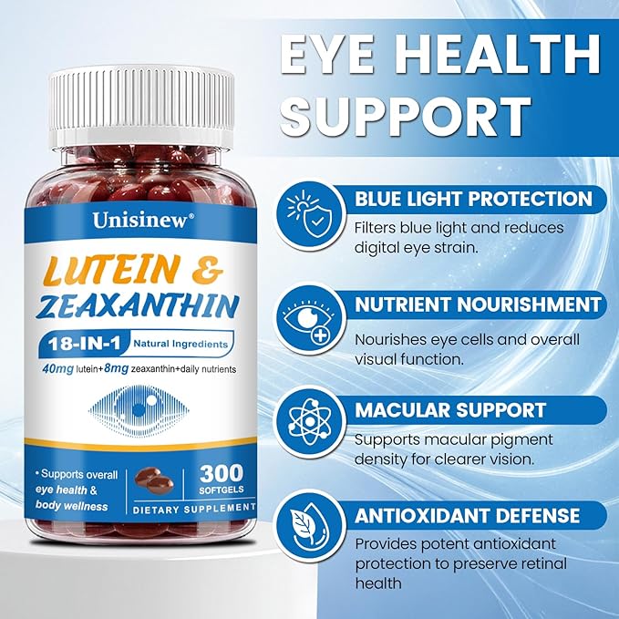 Lutein and Zeaxanthin Supplement - Eye Vitamins, 40 mg Lutein & 8 mg Zeaxanthin with Vitamins C, E, Zinc, Omega-3 & CoQ10 for Blue Light Protection, Eye Health Support  - 300 Softgels