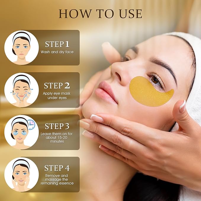 Under Eye Patches Masks - 24K Gold Eye Patch for Dark Circles & Puffy Eyesg,Fine Lines,Eye Bags, Wrinkle,Collagen Infused with Hyaluronic Acid, Hydration for Women and Men, (60 Pcs) Gold