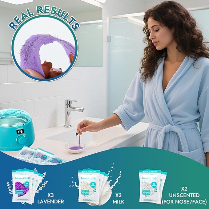 Digital Waxing Kit for Women & Men - 8 Packs Lavender & Milk Hard Wax Beans with Fast-Melting Silicone and Pre/Post Care Wipes - A
