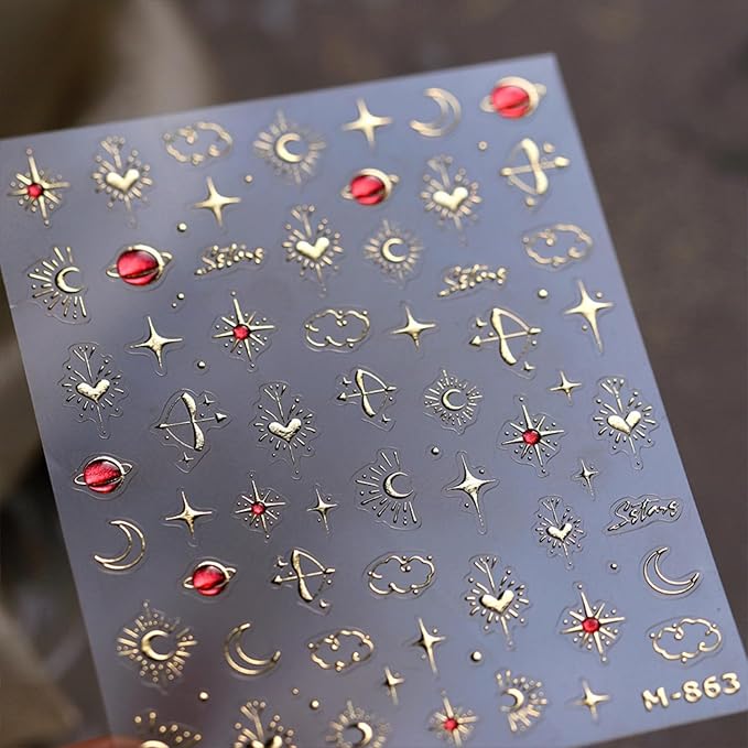Gold Star Nail Stickers for Nail Art 3D Self Adhesive Moon Heart Nail Art Stickers Gold Star Nail Decals Glitter Nails Design for Acrylic Nails Heart Moon Star Nail Supplies for Women Girls