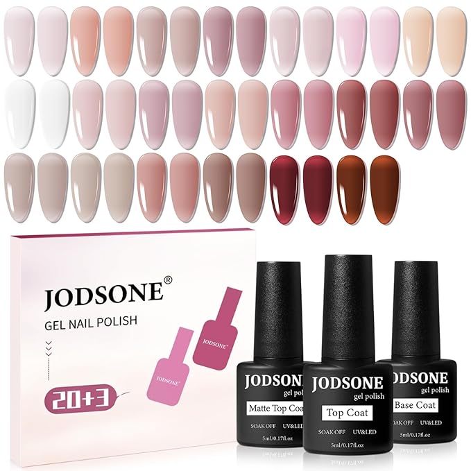 JODSONE 23PCS Gel Nail Polish Set 20 translucent Jelly Color Natural and Elegant Long Lasting Suitable for Home and Salon