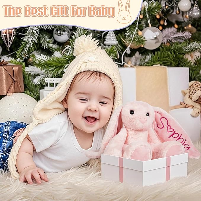 Personalized Bunny Plush with Embroidered Name, Custom Stuffed Animals for Babies, Bunnys Plush Toys for 3 Years Old Girl Gifts, Birthday Easter for Baby Boys Girls Toddlers Newborn (Bunny)