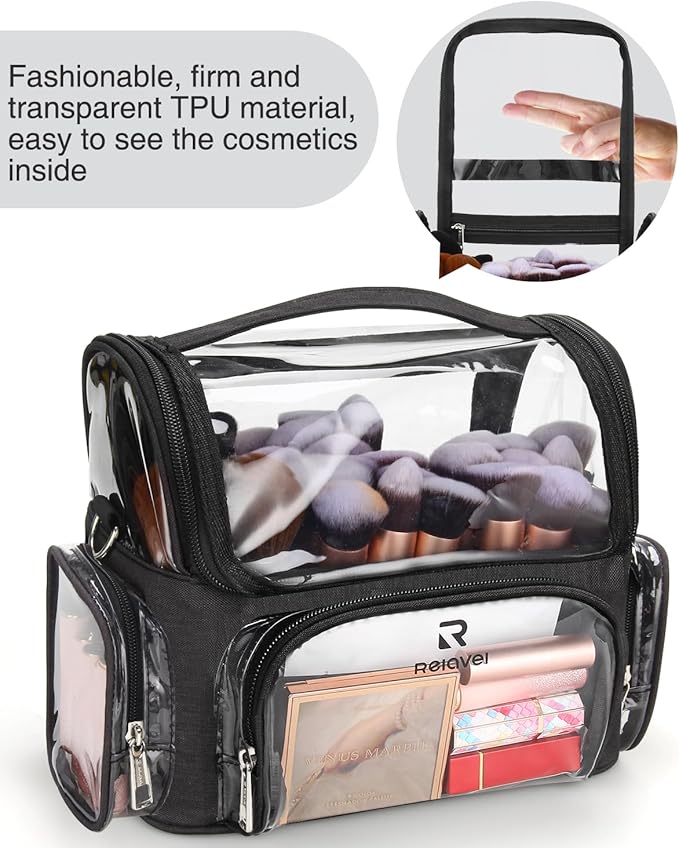 Makeup Brush Case, Large Makeup Brush Holder Professional Makeup Artist Travel Case Clear Waterproof Cosmetic Organizer Bag, Full Open Easy to Access, with Adjustable Strap and Dividers
