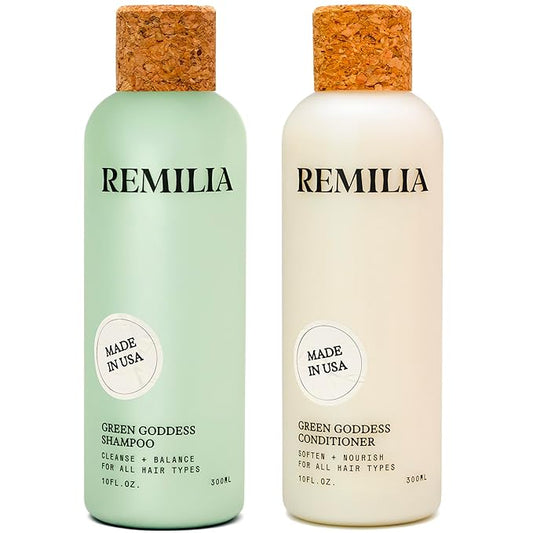 REMILIA Green Goddess Shampoo and Conditioner Set for Damaged Hair – With Rosemary Oil, Panthenol & Green Tea Extract – Hydrating, Strengthening, Vegan – Made in USA – 2 x 8.5 fl oz