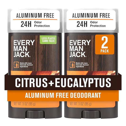 Every Man Jack Citrus + Eucalyptus Men’s Deodorant - Stay Fresh with Aluminum Free Deodorant For all Skin Types - Odor Crushing, Long Lasting, with Naturally Derived Ingredients - 3oz (2 Pack)