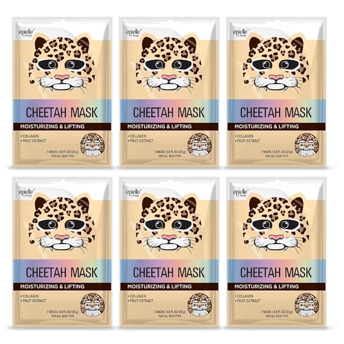 Epielle Character Face Mask Cheetah 6 Pack, Fun & Effective Korean Skin Care, Spa Party Favors, Stocking Stuffers, Birthday Gifts for Women, Thanksgiving Essentials