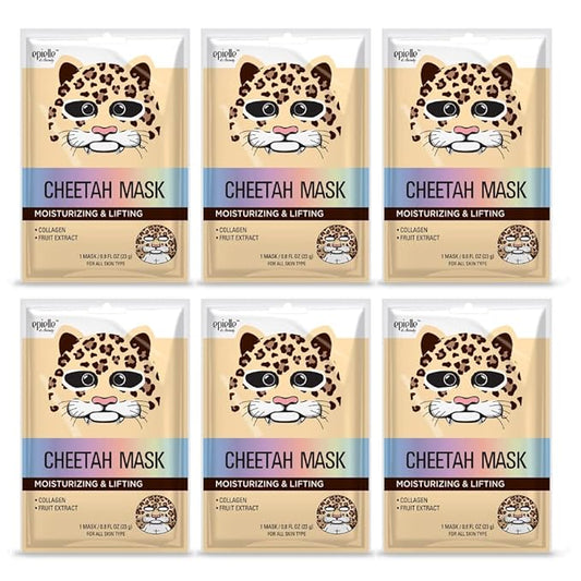 Epielle Character Face Mask Cheetah 6 Pack, Fun & Effective Korean Skin Care, Spa Party Favors, Stocking Stuffers, Birthday Gifts for Women, Thanksgiving Essentials