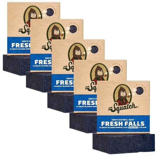 Dr. Squatch Natural Bar Soap for Men - Cold Process Soap with No Harsh Chemicals - Fresh Falls (5 oz, 5-Pack)