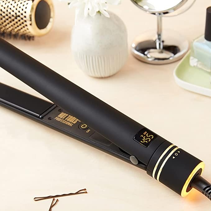 HOT TOOLS Pro Artist Black Gold Ionic 1 Inch Flat Iron - Use as Straightener for Sleek Straight Hair or Use Rounded Edges for Shiny Curls and Waves, Stylist-Preferred Styles