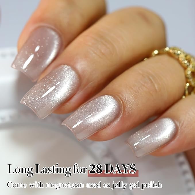 Double Rhythm Cat Eye Gel Polish with Magnet 15ML Holographic Glitter Shimmer Translucent Jelly Color 0.5 OZ Magnetic Gel Polish Salon DIY at Home (Nude-MC1020)