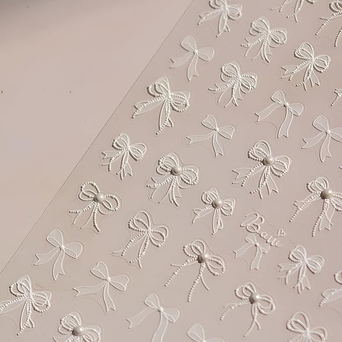White Bow Nail Stickers for Nail Art 5D Self Adhesive White Nails Art Stickers Bow Nail Decals with Rhinestone Design Embossed Bow Decoration Accessories for Women Girls
