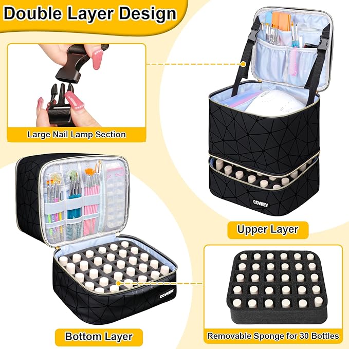 PU Leather Nail Polish Organizer Bag Holds Nail Lamp& 30 Bottles (15ml-0.5 fl.oz), Portable Travel Nail Kit Storage Carrying Case, Double Layer Nail Supplies Organizer Handbag (Elegant Black)