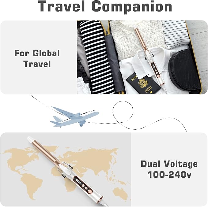 3/4 Inch Curling Iron for Short Hair, Dual Voltage Hair Curling Iron Ceramic, Professiona Curling Wand Tourmaline(Champagne Gold)