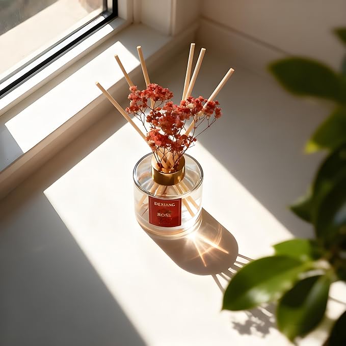 Reed Diffuser Set - 3.38 fl oz Rose Premium Scented Oil with Preserved Baby's Breath & Cotton 6 Sticks | Long-Lasting Aromatherapy for Home, Bedroom, Bathroom, Office Home Decor