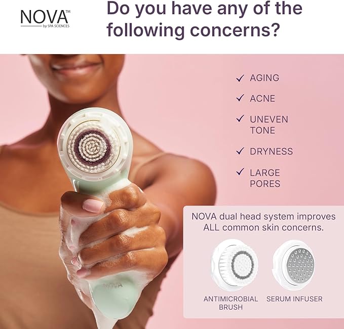 Spa Sciences - NOVA - Sonic Cleansing Brush with Bristles & Infusion System – Anti-Aging Facial Exfoliating, Waterproof, and USB Rechargeable
