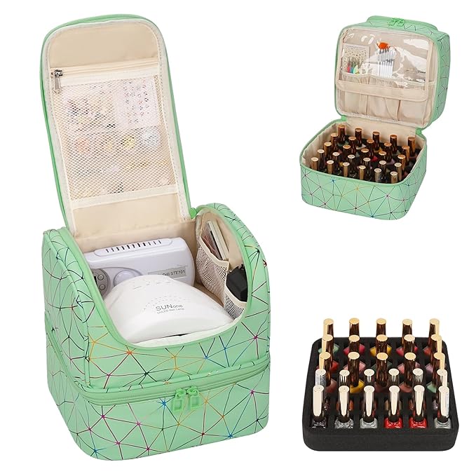 CUBETASTIC Nail Polish Organizer, Cute Nail Tech Organizers And Storage Bag Holds 45 Bottles & UV Nail Lamp, Compact Double-Layer Travel Nail Supplies Case for Nail Kit (Triangle Green, 27 Slots)