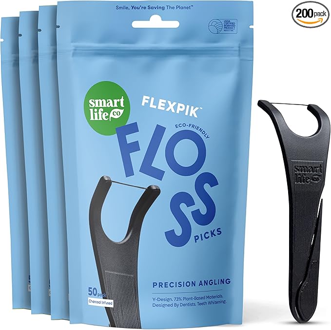 SmartLifeco Eco-Friendly Angled Dental Floss Picks (200ct) - Flossers Made With Straw Wheat Blend, Natural Whitening, Tooth Pick Stick For Adults, Vegan, Bamboo Charcoal Thread For Back Teeth & Molars