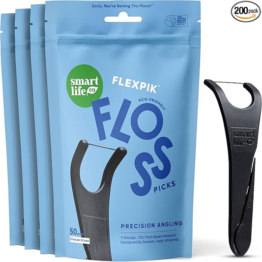 SmartLifeco Eco-Friendly Angled Dental Floss Picks (200ct) - Flossers Made With Straw Wheat Blend, Natural Whitening, Tooth Pick Stick For Adults, Vegan, Bamboo Charcoal Thread For Back Teeth & Molars