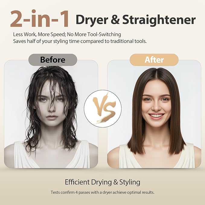 Quico Hair Dryer Air Straightener, Wet to Dry Ionic Hair Straighteners with High-Speed Airflow, 5 Temps & Dual Voltage, 2-in-1 Flat Iron and Blow Dryer, Black Grey