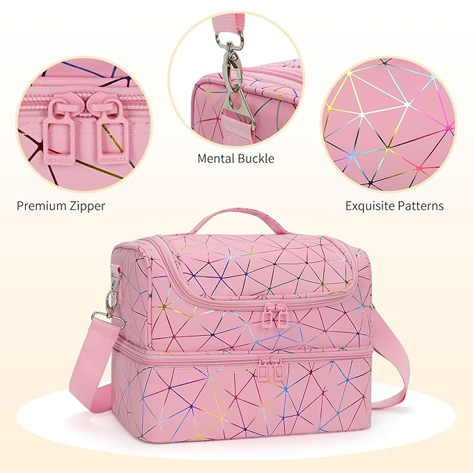 CUBETASTIC Nail Polish Organizer Bag, Double Layer Nail Tech Travel Case Holds 45 Bottles & Full-Size Lamp, Portable Manicure Storage Box for Nail Supplies, Tools & Dip Powder - Pink