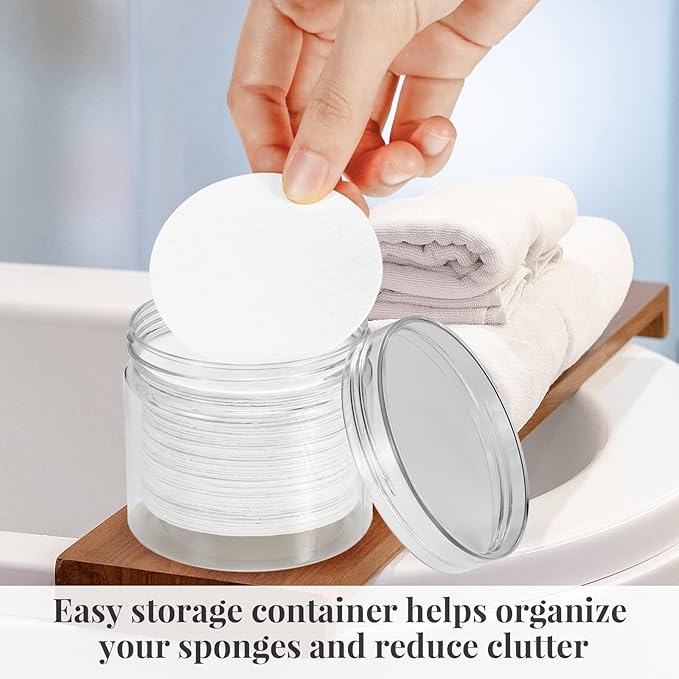 GAINWELL 50-Count Compressed Facial Sponges with Storage Container, for Facial Cleansing, Reusable Makeup Remover, Portable, Suitable for Travel, White