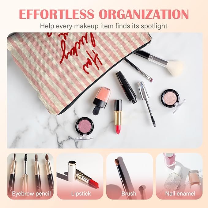 Retro Red Pink Striped Makeup Bag for Women, Positive Gifts for Women, How Lucky Are We Trendy Aesthetic Cosmetic Bag for Purse, Preppy Girly Makeup Zipper Pouch