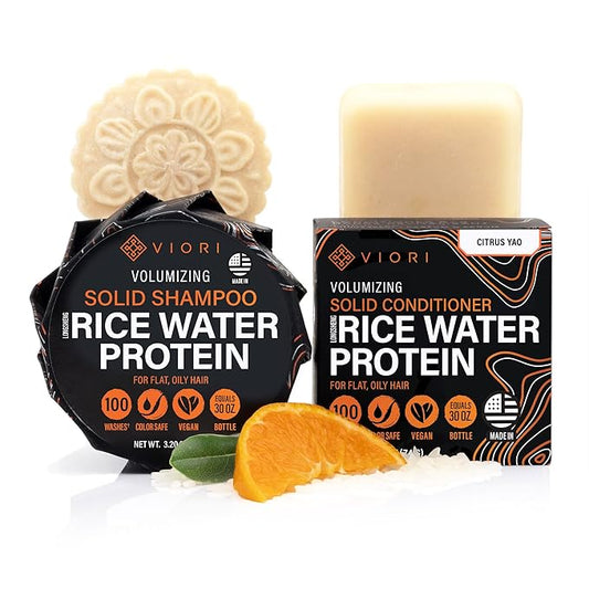 Viori Citrus Yao Shampoo and Conditioner Bar Set Made with Rice Water - Handcrafted Sulfate Free Shampoo and Conditioner