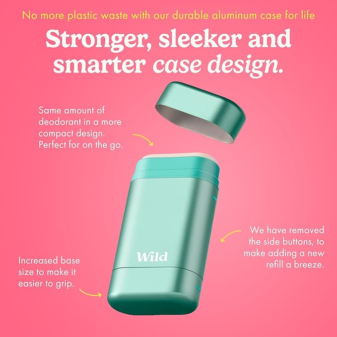 Wild - Refillable Deodorant Starter Kit with Aqua Case and Pink Grapefruit & Lime Scented Refill 1.4oz - Aluminum Free - Long Lasting Protection - Vegan