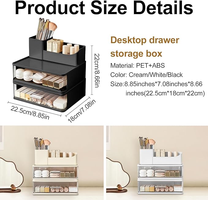 DASITON Makeup Organizer for Vanity with 2 Drawers, Stackable Cosmetic Organizer with Makeup Brush Holder, Plastic Bathroom Organizer Skincare Storage for Brushes, Eyeshadow, Lotions, Lipstick (Black)