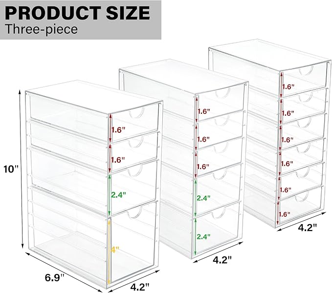 Prsildan Acrylic Drawer Organizer with 15 Drawers, Makeup Craft Office Desk Organizers Accessories, Set of 3 Clear Stackable Storage Drawers for Vanity, Countertop, Jewelry, Art Supply Organization