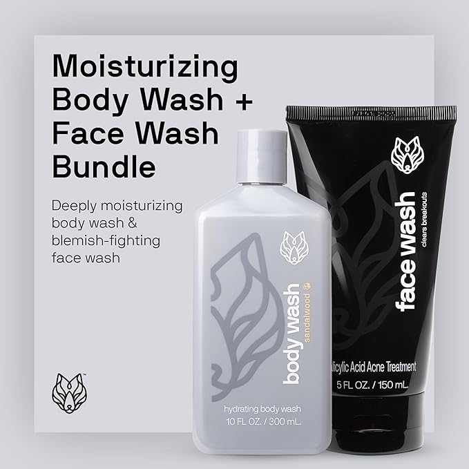 Black Wolf Moisturizing Body Wash & Charcoal Face Wash Set for Men - Daily Grooming & Hygiene Essentials for Mens Skin Care