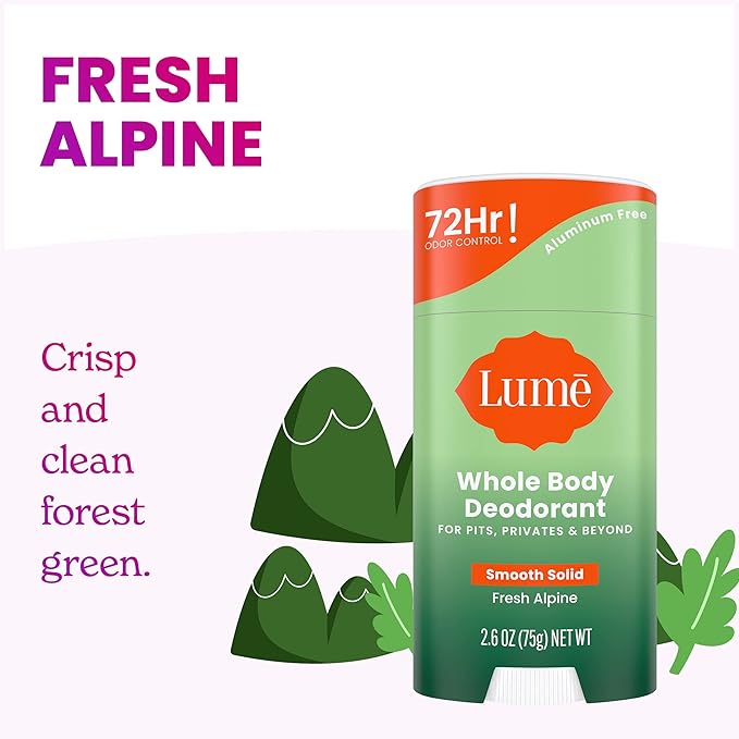 Lume Whole Body Deodorant - Smooth Solid Stick - 72 Hour Odor Control - Doctor Developed - Aluminum Free, Baking Soda Free and Skin Loving - 2.6 Ounce (Pack of 2) (Fresh Alpine)