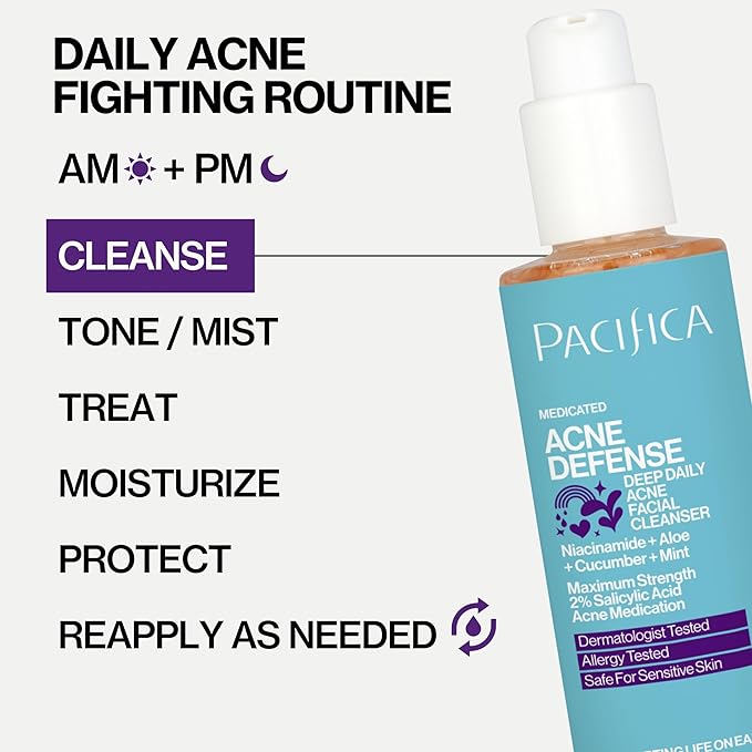 Pacifica Acne Defense Face Wash - Deep Pore Purifying Face Cleanser - w/ 2% Salicylic Acid, Pore Reducing Niacinamide & Inflammation Reducing Cucumber - for Sensitive Skin Vegan Dermatologist Tested