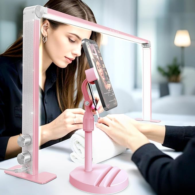 Upgraded Nail Tech Lamp for Desk, 32 in Foldable Large Nail Light with Phone Holder, 3000K-6000K CRI＞95 LED Manicure Lamp, Half Moon Light for Lash Eyelash Extension, Tattoo, Eyebrows-Diamond Pink