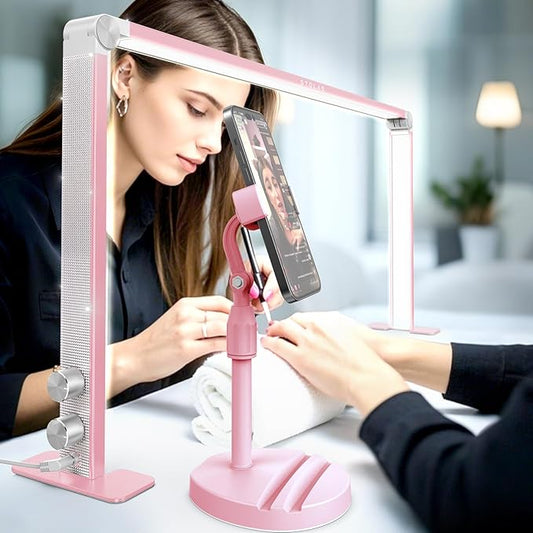 Upgraded Nail Tech Lamp for Desk, 32 in Foldable Large Nail Light with Phone Holder, 3000K-6000K CRI＞95 LED Manicure Lamp, Half Moon Light for Lash Eyelash Extension, Tattoo, Eyebrows-Diamond Pink