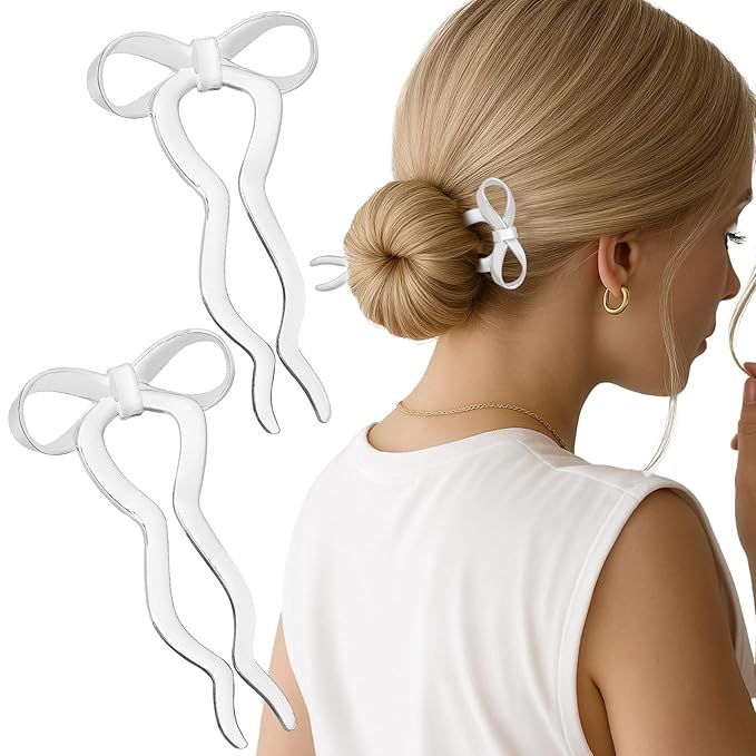 2PCS 5.5Inch Bow French Hair Pins Large U-Shaped Pins for Women and Girls Fashion Metal Hair Pin French Twist Hair Pins for Buns, Updos,Stylish and Functional(set5-silver)