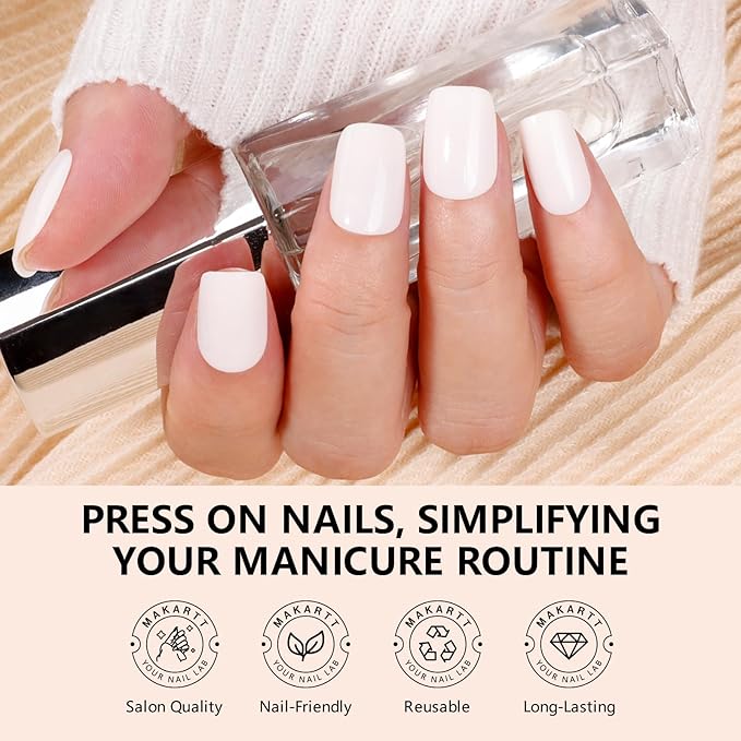 Makartt Press on Nails Kit: Short Classic Monochrome Coffin Tips in 6 Styles 144PCS, Natural Fit with Adhesive Tabs, Nail Glue, and File, Manicure Set for Home Salon
