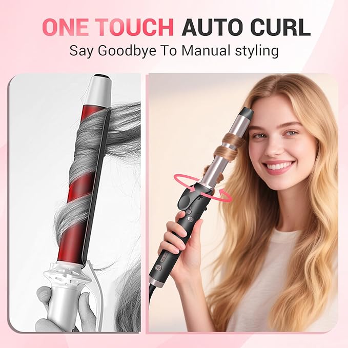 Rotating Automatic Curling Iron for Waves-Curling Wand for Long Hair, Extra Long Barrel Ceramic Hair Curler for Women,Dual Voltage, 5 Temps & 30s Heat-up (Rose Gold, 1 inch)