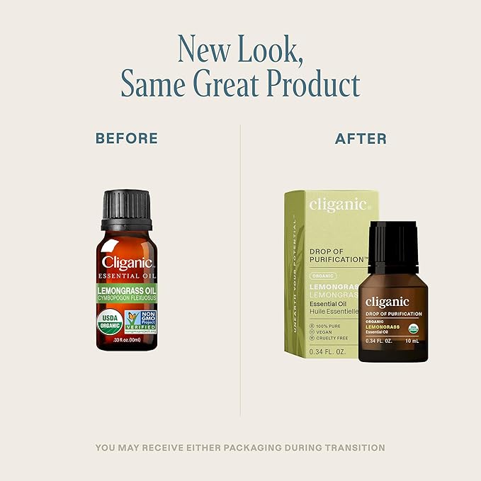 Cliganic USDA Organic Lemongrass Essential Oil - 100% Pure Natural Undiluted, for Aromatherapy Diffuser | Non-GMO Verified (Packaging May Vary)