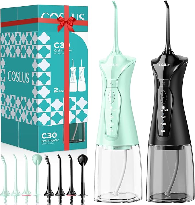COSLUS 2-Pack Water Flosser for Teeth: Water Dental Pick Set with Refined Packaging for Couples Friends, 3 Modes & 8 DIY Levels for Sensitive Gums & Braces, Ideal for Family Sharing, Black & Green